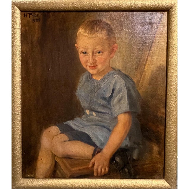 Heinrich Pforr, Childhood Study: Seated Boy in a Blue Smock, 1924, Oil on Canvas, in Very Good conditions. Designed 1920...