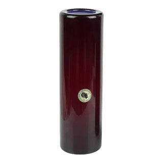 Vintage Murano Deep Red Opalescent White Italian Art Glass Round Cylinder Flower Vase With Label For Sale