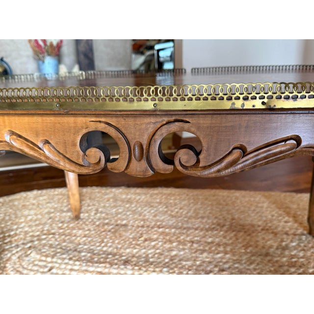 Late 20th Century Vintage Mid-Century Italian Rococo Revival Marquetry Coffee Table With Pierced Brass Gallery For Sale - Image 5 of 7