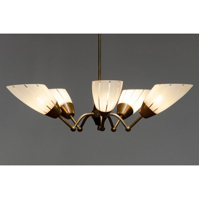 German Brass and Black Five-Arm Sputnik Chandelier with Art Glass Shades, 1950s For Sale - Image 4 of 9