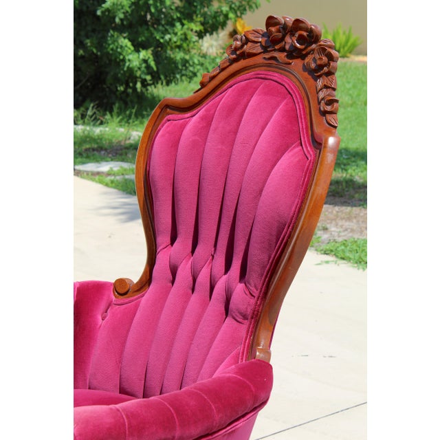 Vintage Victorian Revival Mahogany His & Hers Parlor Chairs Red Velvet Pair For Sale - Image 9 of 18