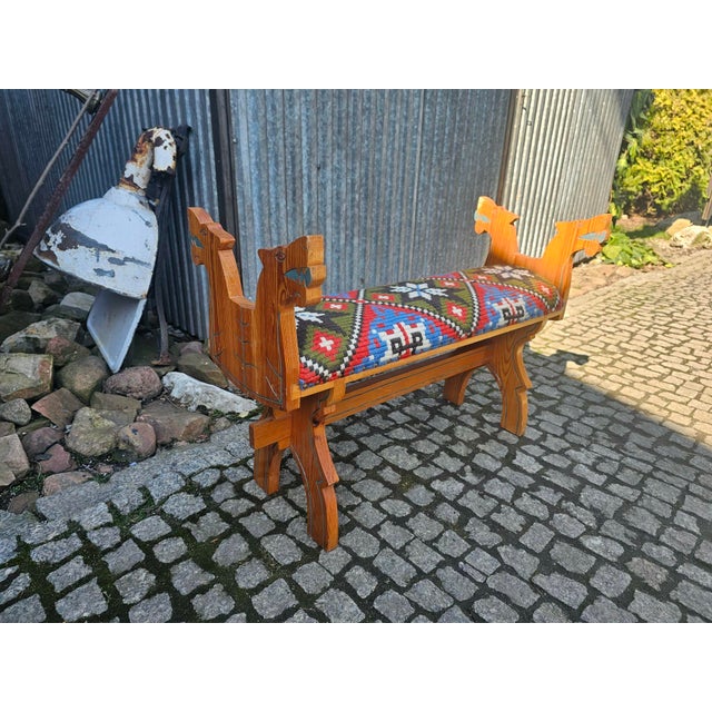 Folk Style Wooden Bench with Carved Dogs, 1960s For Sale - Image 4 of 9