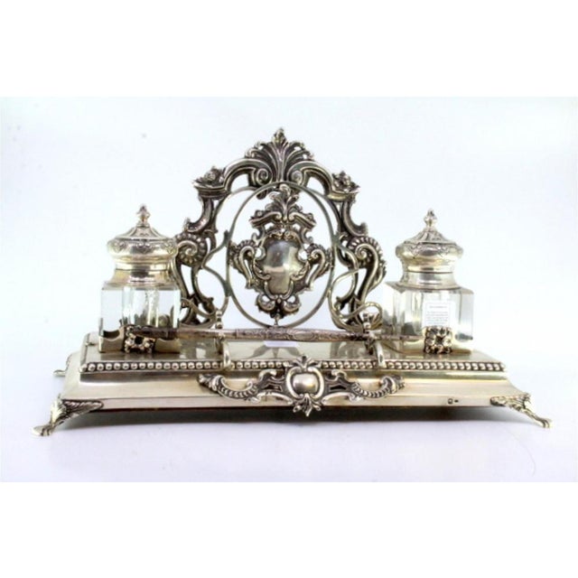 Cut Silver and Glass Inkwell with Letter and Pen Holder, Monogram Cards and Raised Feet For Sale - Image 5 of 7