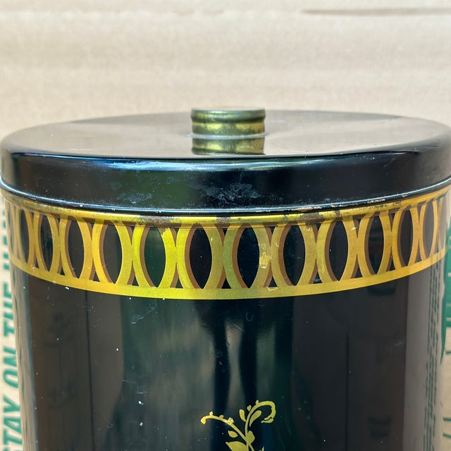 Vintage Hollywood Regency Black & Gold Floral Decoware Small Metal Hamper With Lid For Sale - Image 9 of 12