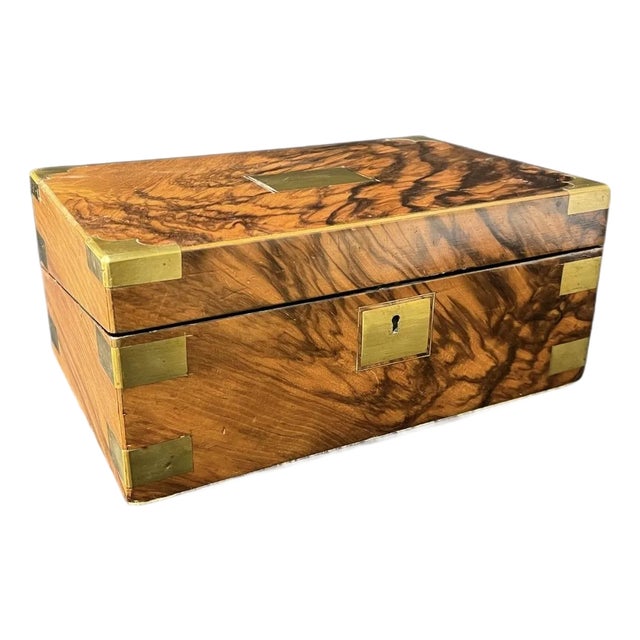 Antique Victorian Brass-Mounted Burl Walnut Lap Desk Writing Box For Sale