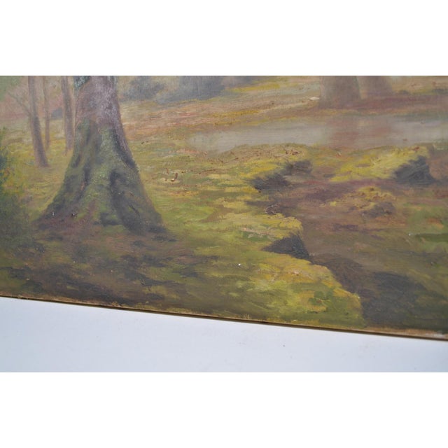 Textile French School of the 20th Century “Landscape at the Pond” Oil on Canvas For Sale - Image 7 of 12