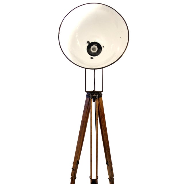 Industrial Vintage Industrial Black Enamel Spotlight on Wooden Tripod For Sale - Image 3 of 7