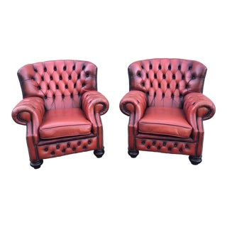 1960s Vintage Red Leather Chesterfield Lounge Chairs- a Pair For Sale