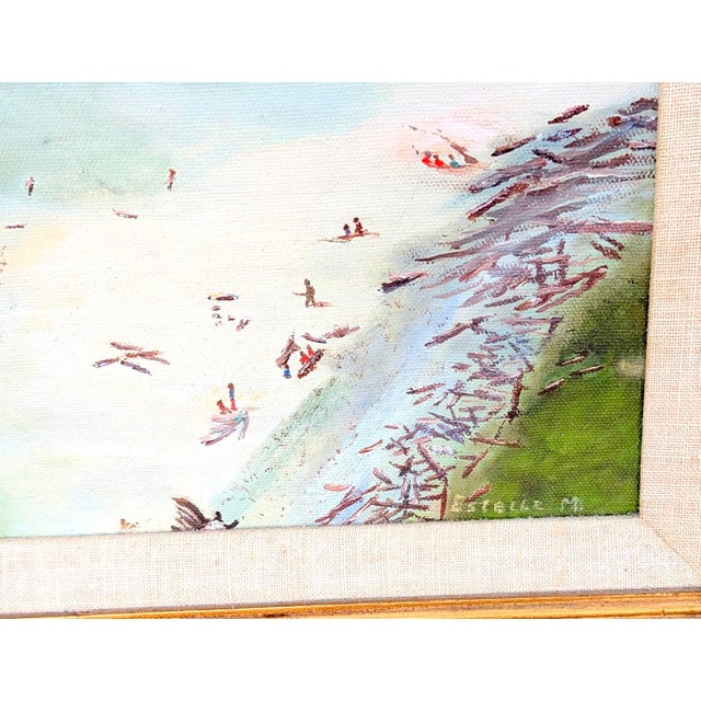 Charming vintage original oil painting by Estelle M. depicting a sweeping coastal landscape with a lighthouse perched...