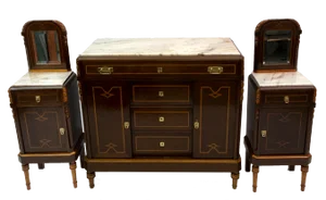 Italian Art Nouveau Bedside Tables and Dresser in Thuja Briar and Portuguese Pink Marble, 1920s, Set of 3