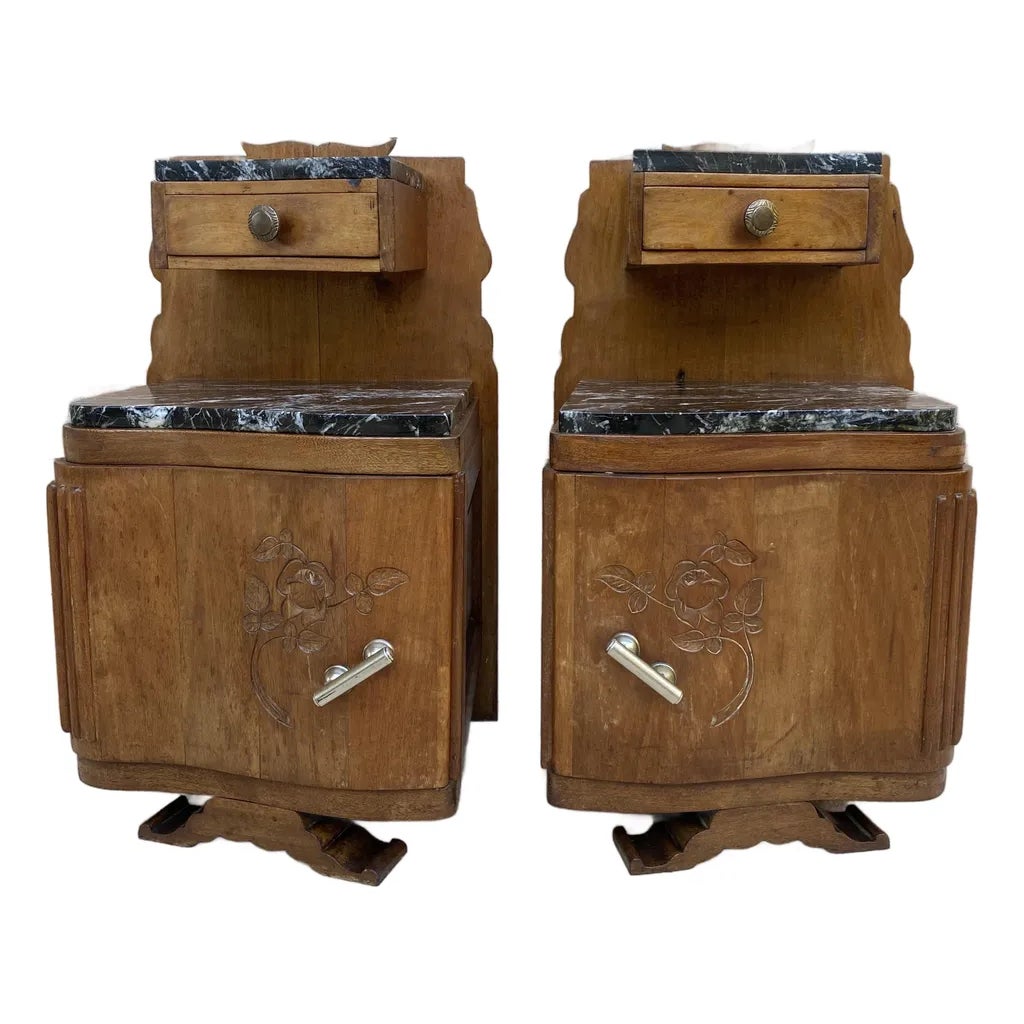 Pair of Art Deco Wood Bedside Tables With Marble Tops, Circa 1930 ...