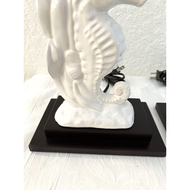 Nautical Coastal White Ceramic Seahorse Lamps, a Pair For Sale - Image 3 of 5