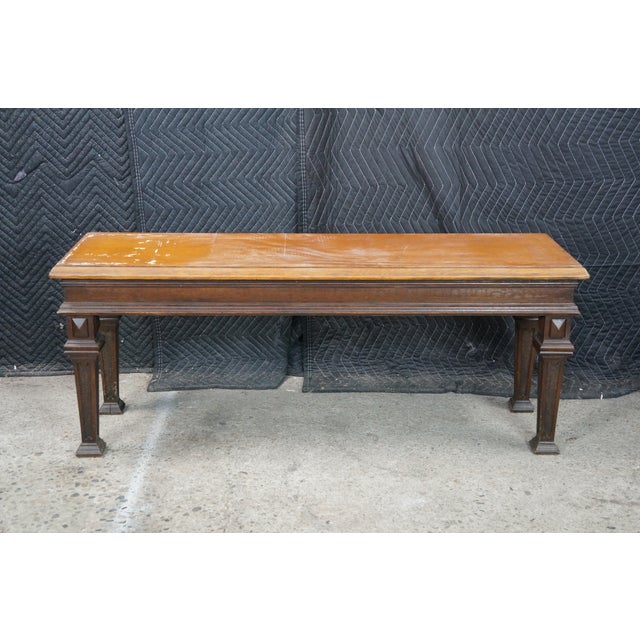 Antique Victorian English Tudor Oak Foyer Hall Entry Piano Bench 48" For Sale - Image 10 of 17