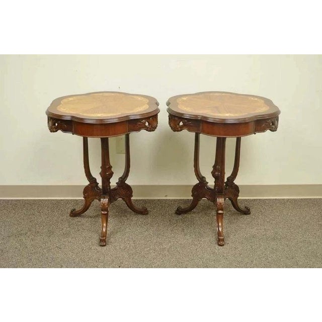 Antique French Louis XV Style Satinwood Floral Inlay Walnut Side Tables - a Pair. Item features beautiful floral inlays,...