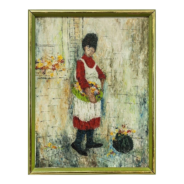 Mildred Barrett, Woman in Apron With Basket of Flowers, Oil Painting For Sale