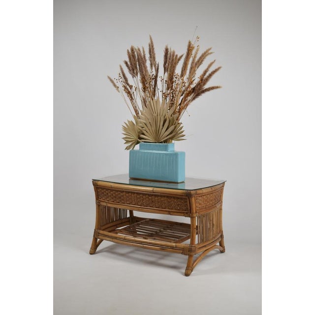 Light Yellow Vintage Rattan and Wicker Coffee Table with Glass Top, 1960s For Sale - Image 8 of 18