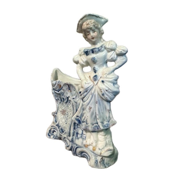 Antique Victorian Rococo Porcelain Blue & White Figural Lady Spill Vase/Planter Lovely antique late 19th century porcelain...