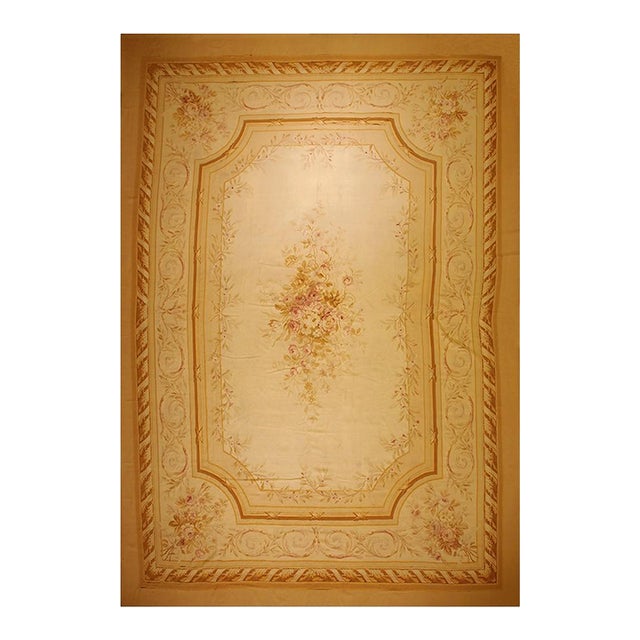 1850s Antique Masterpiece Beige Field Floral Medallion Flatweave French Aubusson Rug For Sale
