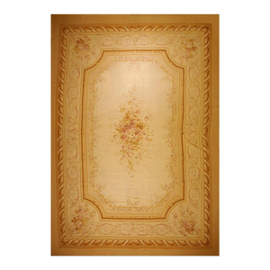 1850s Antique Masterpiece Beige Field Floral Medallion Flatweave French Aubusson Rug