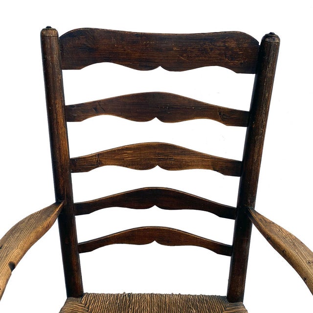 Traditional 19th Century English Georgian Oak and Elm Rush Seat Ladderback Carver Armchair For Sale - Image 3 of 9