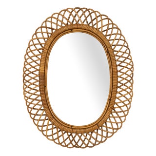 Mid-Century Rattan and Bamboo Oval Wall Mirror from Franco Albini, Italy, 1960s For Sale