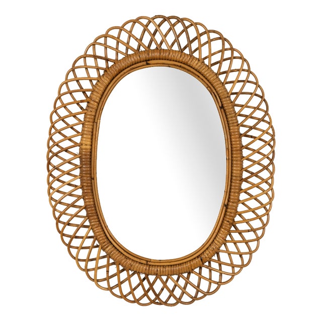 Mid-Century Rattan and Bamboo Oval Wall Mirror from Franco Albini, Italy, 1960s For Sale