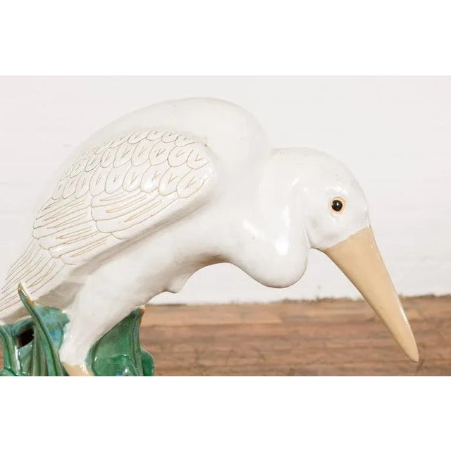 Mid 20th Century Vintage Lifesize Chinese White & Cream Glazed Ceramic Heron Bird Sculpture For Sale - Image 5 of 13