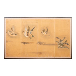 Japanese Meiji Four Panel Screen Ducks and Geese in Flight For Sale