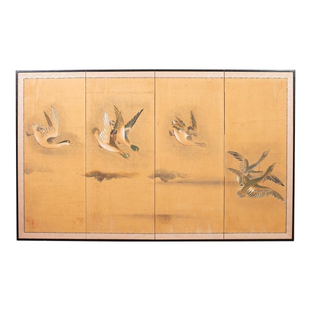 Japanese Meiji Four Panel Screen Ducks and Geese in Flight For Sale
