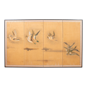 Japanese Meiji Four Panel Screen Ducks and Geese in Flight