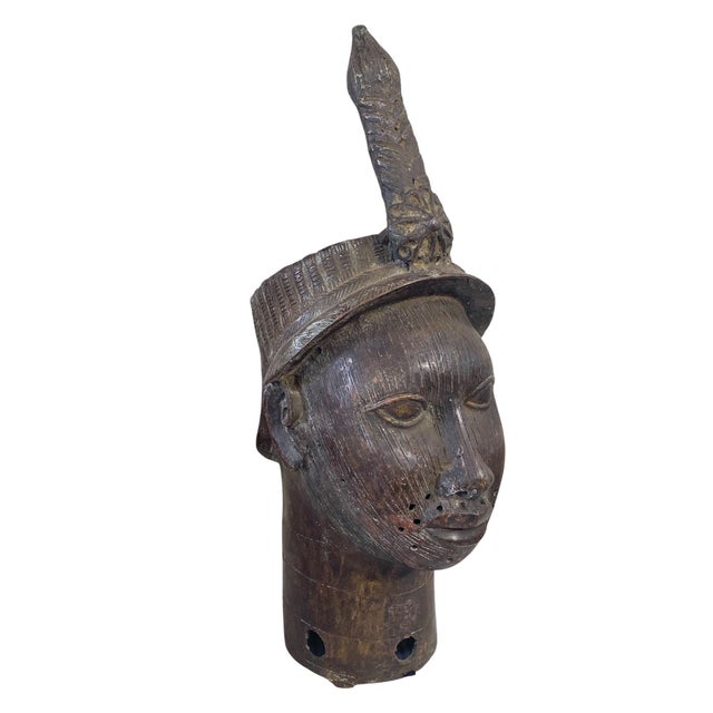 Superb vintage Bronze Head of a King (Oba) Nigeria African 21.5" h by 8.25" w by 9.5" d , is a fine example of Benin royal...