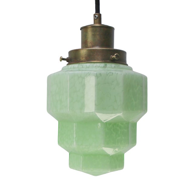 French Art Deco Green Clichy Glass Pendant Lamp For Sale