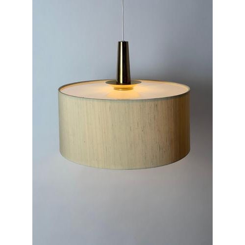 Swedish Modern Minimalist Brass and Silk Drum Pendant Light, 1970 For Sale - Image 13 of 16
