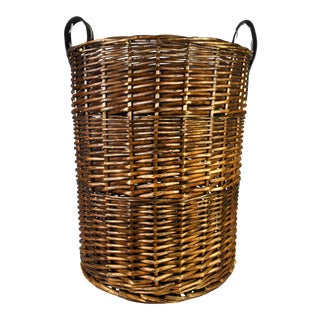 Vintage Large Woven Wicker Double Handle Hamper Basket For Sale