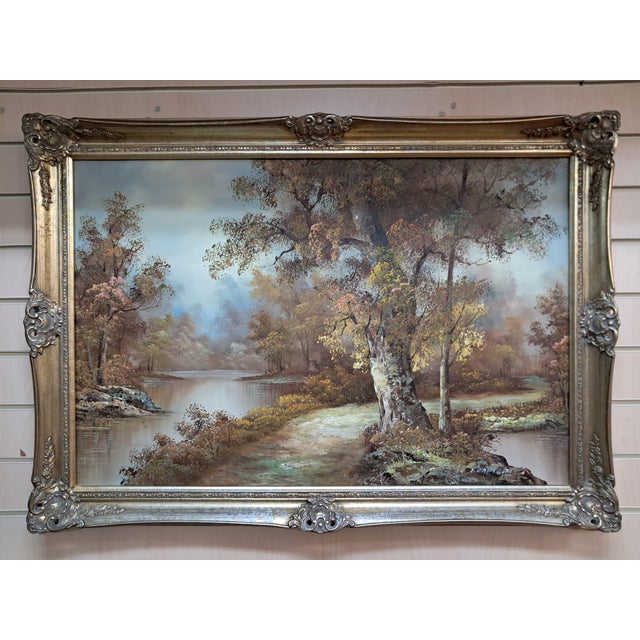 Large Vintage Landscape, Woodland, Oil Painting on Canvas, Gold Wood Frame, I Cafieri For Sale - Image 16 of 18