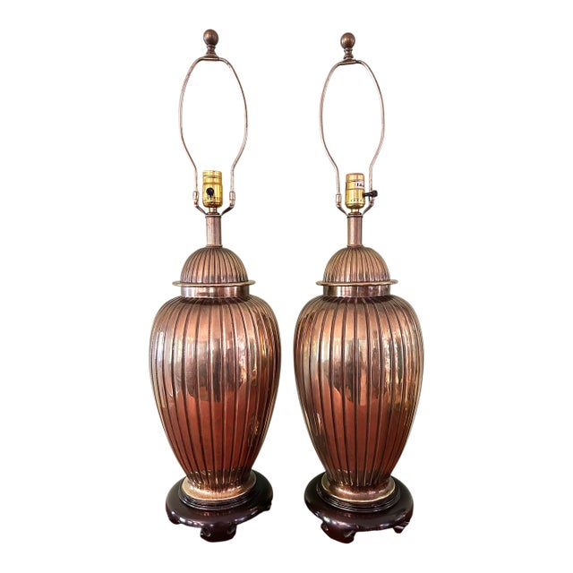 Mid 20th Century Ethan Allen Large Scale Solid Cast Brass Temple Jar Lamps on Ming Style Bases - A Pair For Sale