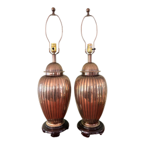 Mid 20th Century Ethan Allen Large Scale Solid Cast Brass Temple Jar Lamps on Ming Style Bases - A Pair