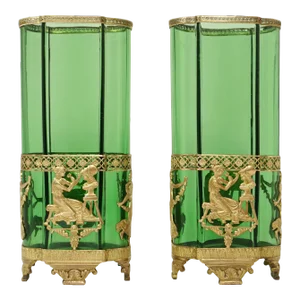 Pair Antique French Green Glass Vases Empire Gilt Bronze Mounts