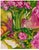 A vibrant signed modern still-life painting on canvas featuring lush pink flowers arranged in a glass vase, accompanied by...