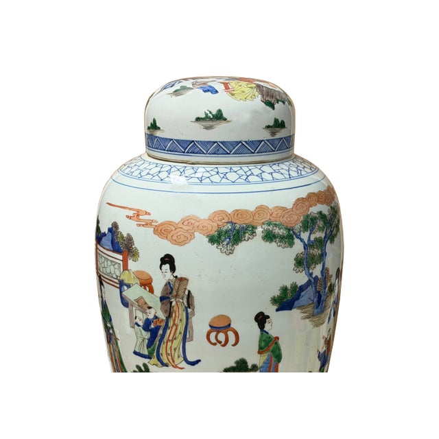 Oriental Color Family Gathering Graphic White Base Porcelain Jar For Sale - Image 16 of 18