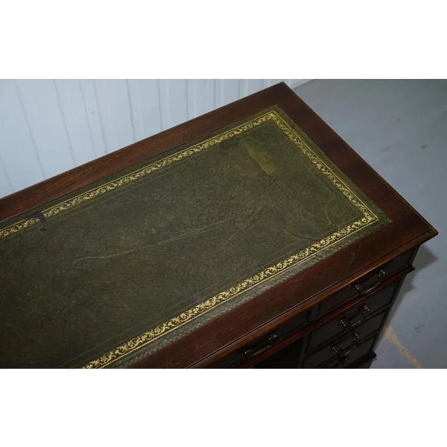 Hardwood & Green Leather Partner Desk with Sliding Keyboard Shelf & Twin Pedestals For Sale - Image 6 of 18