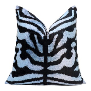 Black & Silver Blue Zebra Silk Velvet Throw Pillow 20x20 | Handmade Luxury Animal Print Accent For Sale