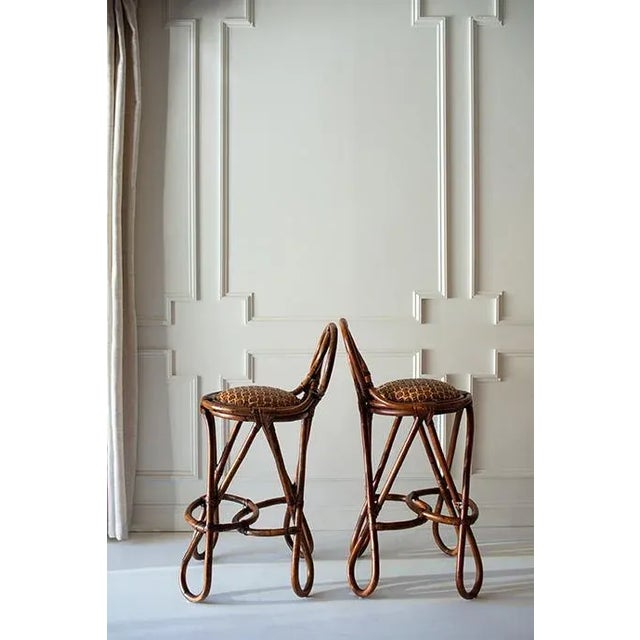 Late 20th Century Vintage Bent Bamboo and Grass Cloth Barstools - Set of 2 in the Style of Paul Frankl For Sale In Minneapolis - Image 6 of 13