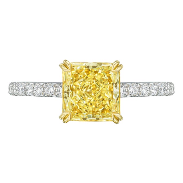 GIA Certified Yellow Radiant Cut 2.00 CT Diamond with Diamond Pave Cocktail Ring, Size 6 For Sale