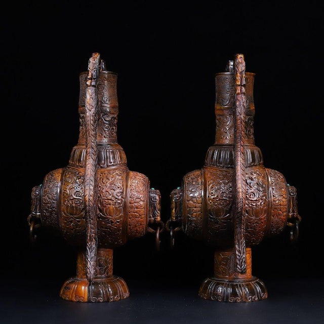 1950s Monumental Pair of Carved Horn Vases - Chinese Double Dragon Handled Bottles, 12kg For Sale In Los Angeles - Image 6 of 10