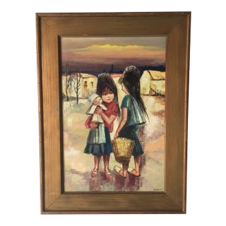 1960’s Oil Painting Country Children and Wood Frame 34x46 For Sale