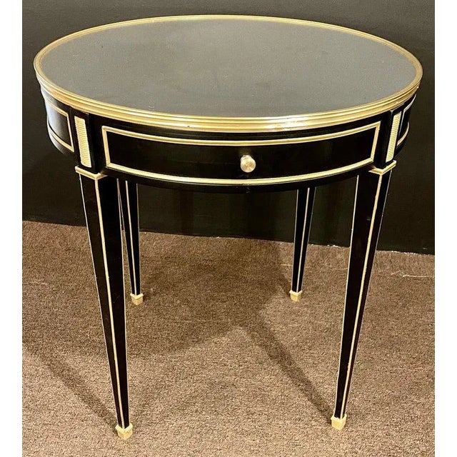 Hollywood Regency Ebony Bouillote or End Tables, Manner Jansen Mirror Tops, Pair For Sale - Image 12 of 13