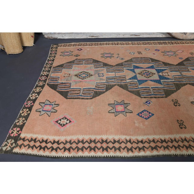 Vintage Turkish Oushak Handmade Cotton Orange Wool Kilim Runner Rug For Sale - Image 6 of 10