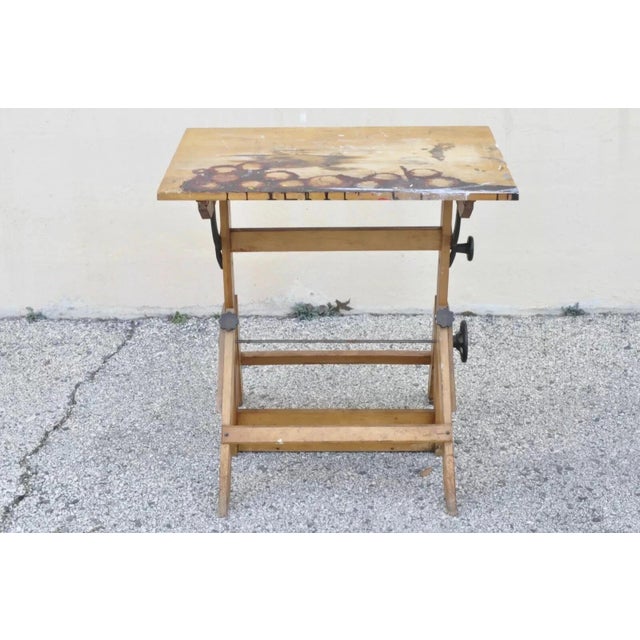 Wood Antique American Industrial Small Wood & Cast Iron Drafting Table Work Desk For Sale - Image 7 of 10