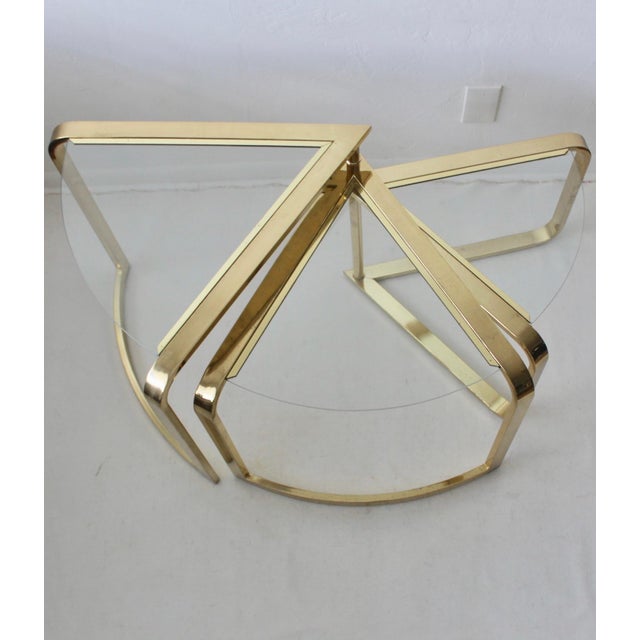 1980s Fan Nesting Table by Design Institute of America Three Tier Brass Flat Bar Glass Expandable For Sale - Image 12 of 12